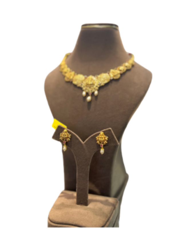 Traditional Antique Lakshmi Floral Necklace Set with Earrings | Temple Jewellery | 29.810 gm